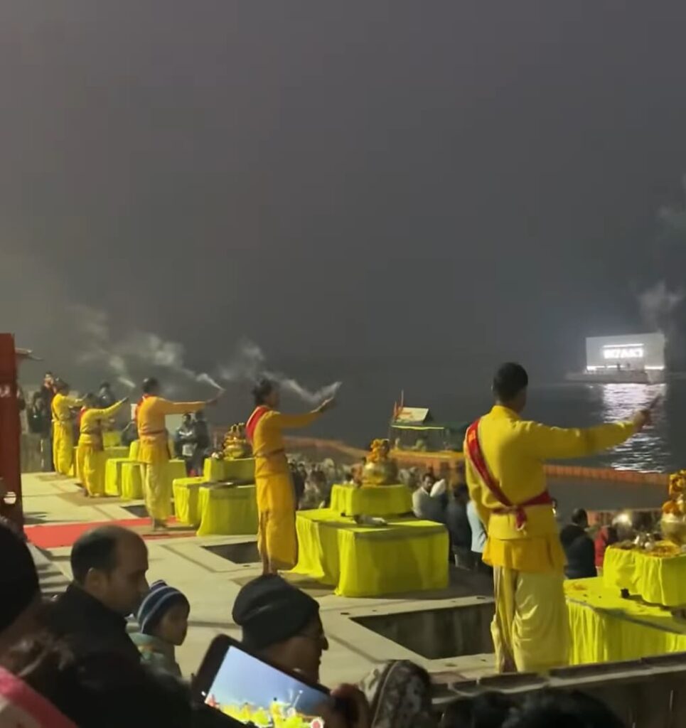 Devotees participating in Saryu Aarti on Ram Ki Paidi ghats, Ayodhya at sunset